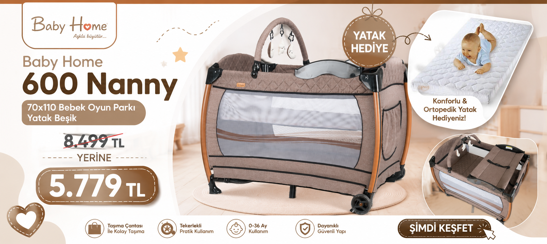 Baby Home 600 Nanny 70x110 Bebek Oyun Parkı Yatak Beşik Sünger Yatak Hediye